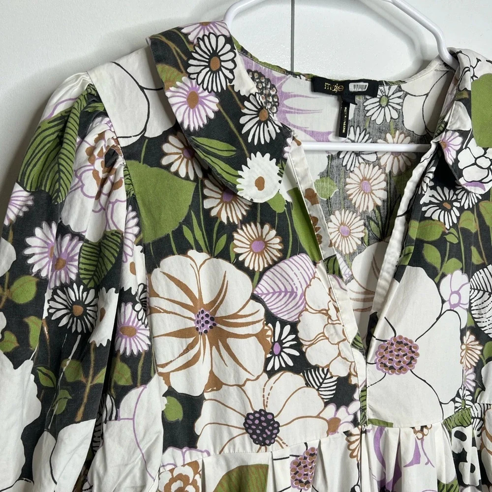 MAJE- Ruffled floral-print cotton-poplin mini dress Size 34 (XS)  RTR - Picture 4 of 12